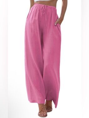 Women's Cotton Linen blend Flowy Wide Leg Trousers with Pockets